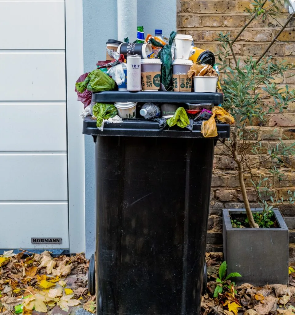 Overflowing trash can in Durham during the 2023 waste management strike